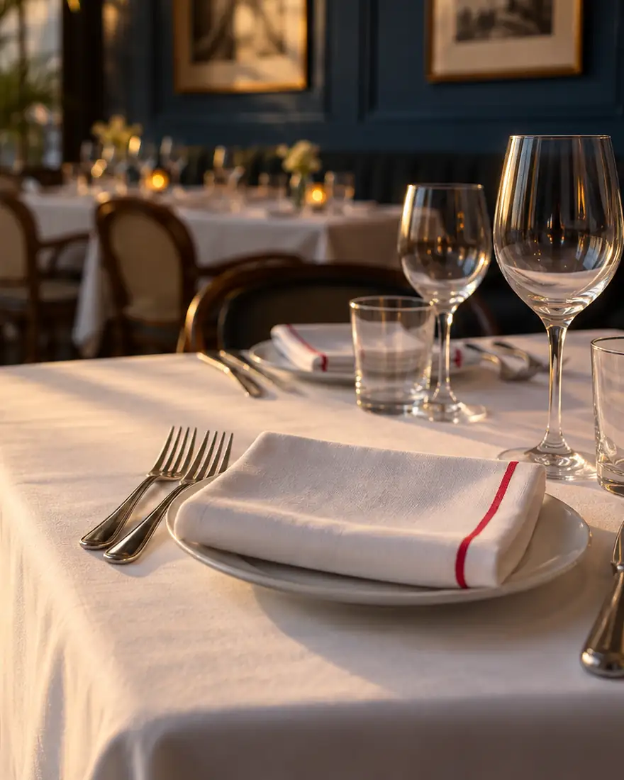 A set bistro table with a white tablecloth and napkins with a red stripe