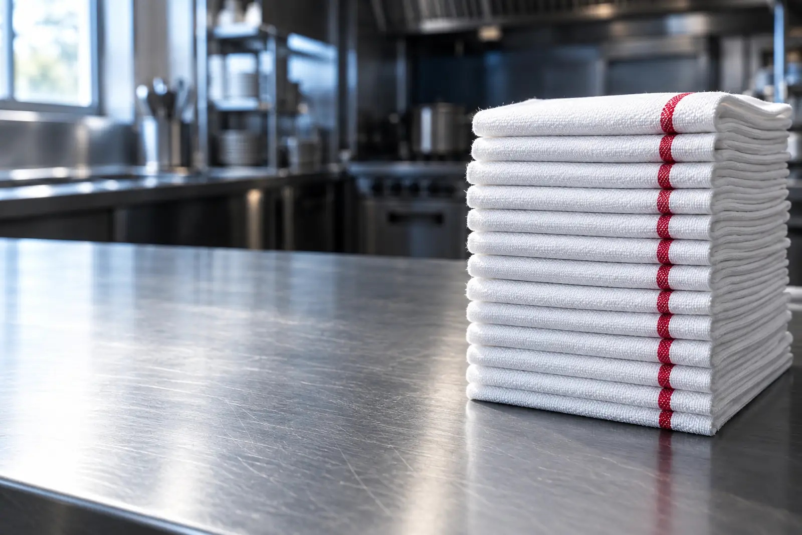 A stack of folded white bar towels with a red stripe on a steel kitchen counter